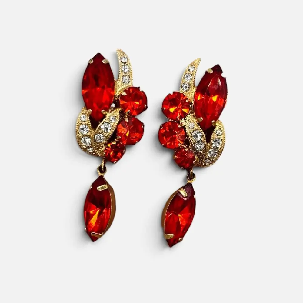Vintage Eisenberg Clip On Earrings Red-Orange Gold Tone Rhinestone Glam Jewelry